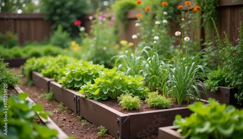 Raised garden beds with green plants and flowers in an outdoor garden.