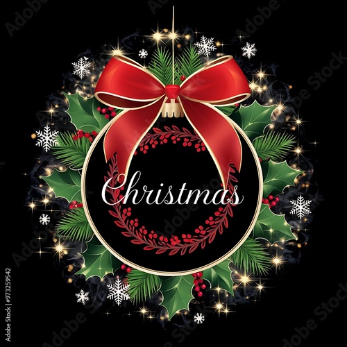 Elegant Christmas and holiday background with a red ornament and ribbon on a black background