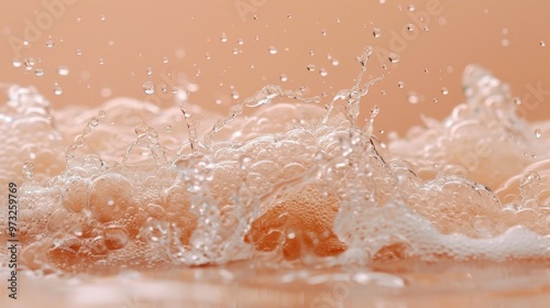 The image captures a close-up of water splashes with foam, frozen in motion. Water droplets and foam bubbles are highly detailed against a warm, light-toned background, creating a sense of freshness 