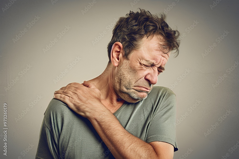 A man with a pained expression holds his shoulder, likely experiencing discomfort or injury. A man with a pained expression holds his shoulder, likely experiencing discomfort or injury.
