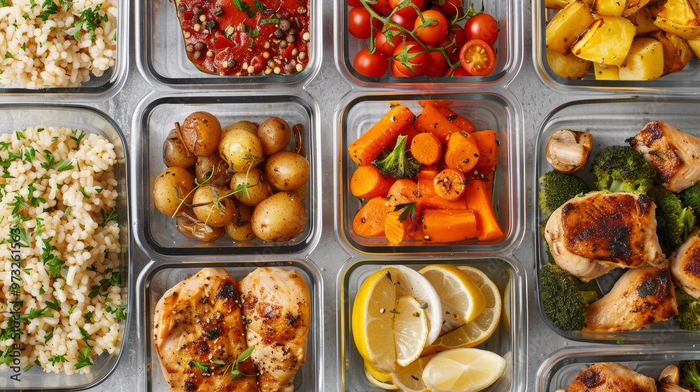 A meal prep scene with containers filled with non-GMO foods like roasted vegetables and grilled chicken A meal prep scene with containers filled with non-GMO foods like roasted vegetables and grilled chicken