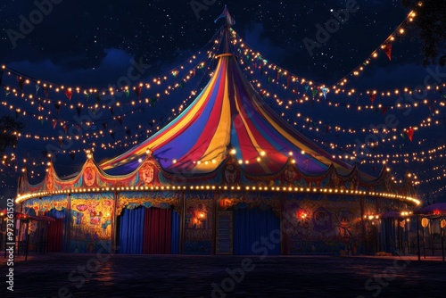 A captivating nighttime of a vibrant circus tent illuminated by twinkling string lights, promising an unforgettable spectacle of wonder and amazement.