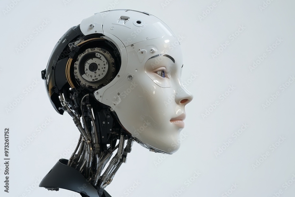 A close-up of a humanoid robot's head, showcasing its mechanical face with intricate details and a human-like expression. The robot's design represents the blurring lines between technology and humani A close-up of a humanoid robot's head, showcasing its mechanical face with intricate details and a human-like expression. The robot's design represents the blurring lines between technology and humani