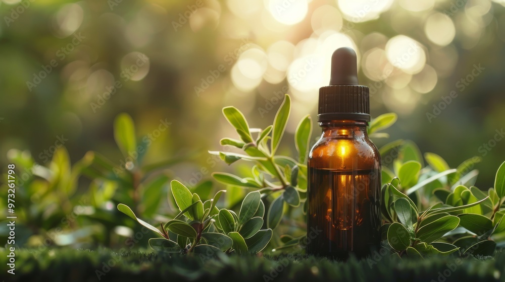 Essential oil bottle with tea tree leaves, clean and fresh ambiance, Close-up photo with clean background