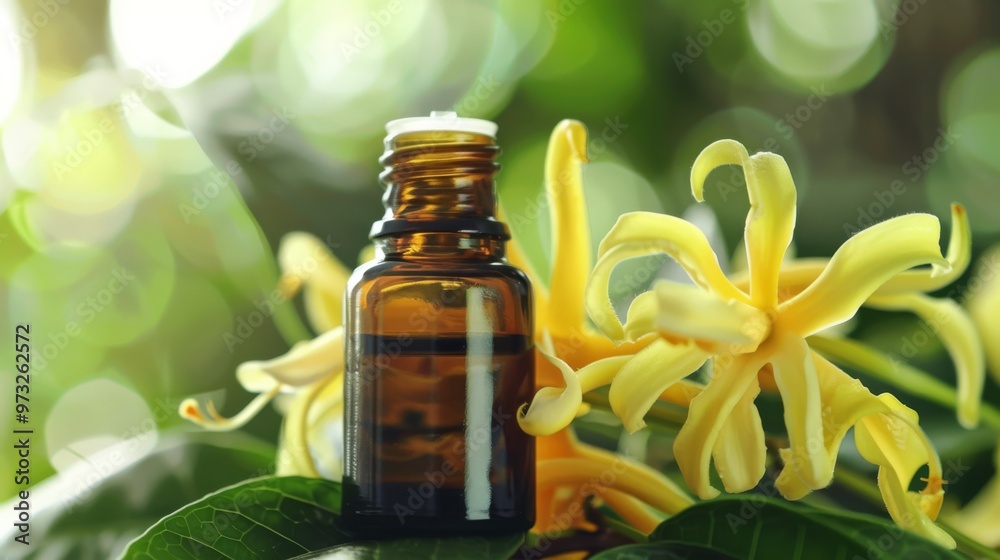 Essential oil bottle with ylang-ylang flowers, tropical theme, bright colors, Close-up photo with clean background Essential oil bottle with ylang-ylang flowers, tropical theme, bright colors, Close-up photo with clean background