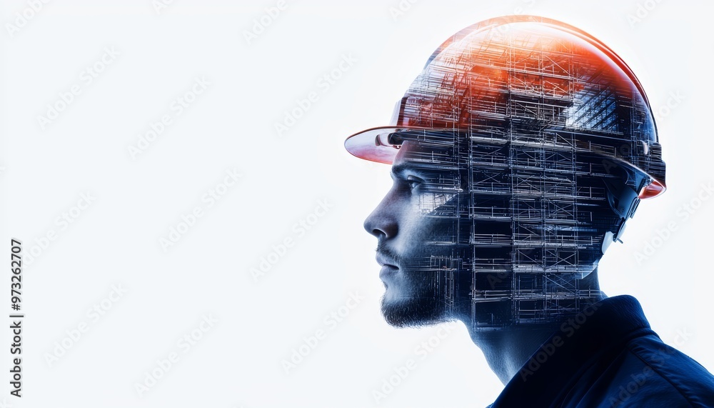A profile of a worker in a safety helmet with a digital overlay of construction elements, symbolizing innovation in engineering. A profile of a worker in a safety helmet with a digital overlay of construction elements, symbolizing innovation in engineering.