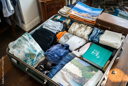 A meticulously organized suitcase showcasing neatly packed travel essentials.  The suitcase is filled with clothing, maps, and other travel necessities, demonstrating a practical and efficient approac photo