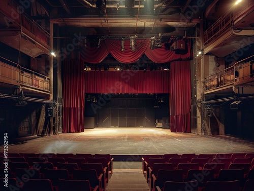 Empty Theater Stage with Red Curtains and Seats photo