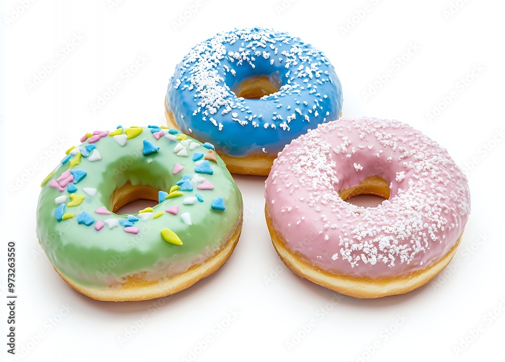 Three assorted donuts on a white background, one green with colorful sprinkles, one pink with white sprinkles, and one blue with white sprinkles.