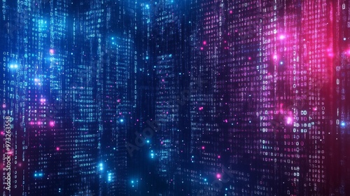 Wallpaper Mural Abstract Binary Code Background: Digital Cityscape, a mesmerizing representation of data flow and digital transformation. The image features a dynamic, colorful, binary code pattern resembling a futur Torontodigital.ca