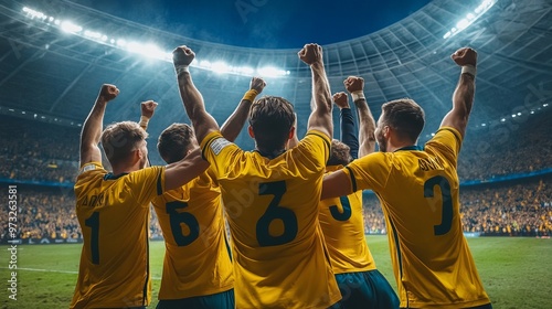 In a thrilling football game at a packed stadium, professional football players celebrate their win. elation and happiness after taking home the title.