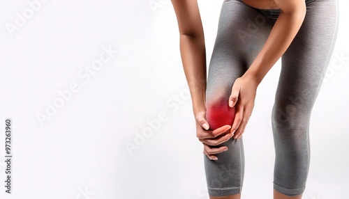 woman with knee pain showing red glow area of concern - Sports injury concept torn medial or lateral meniscus, cruciate or collateral ligaments. isolated on white background with copy space photo