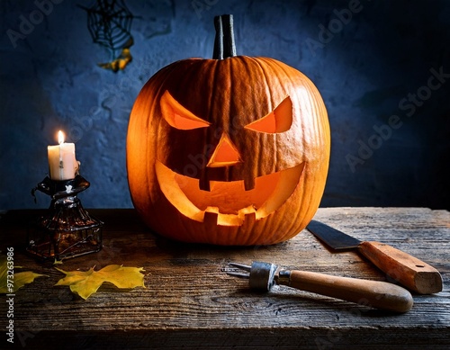 Handgeschnitzter Halloween-Kürbis mit gruseligem Gesicht und Kerzenlicht photo