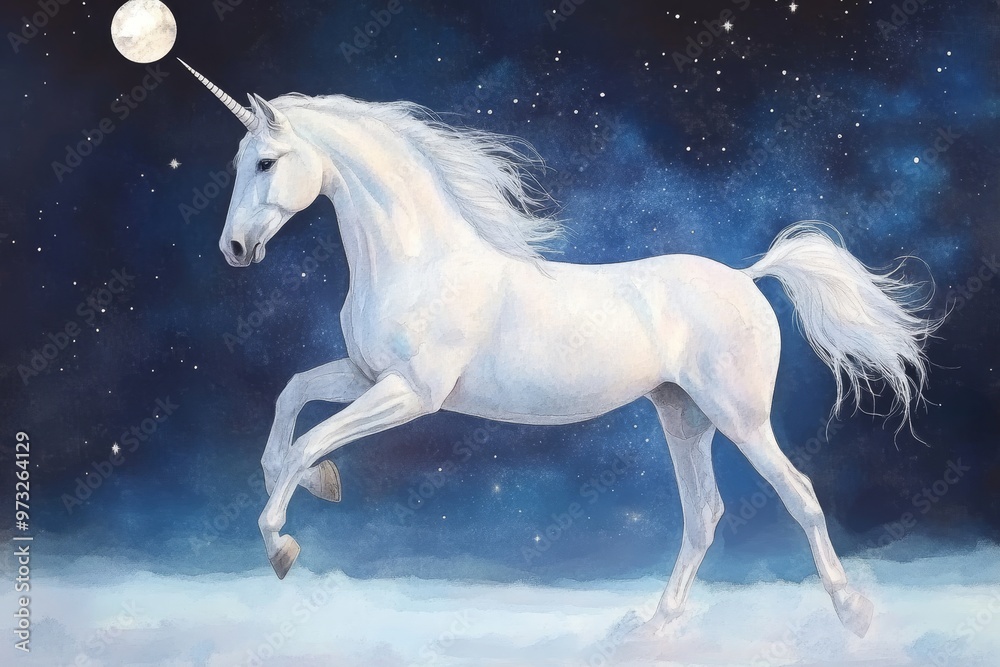 Naklejka premium Charming Bohemian Unicorn Watercolor Art in Azure Night Sky with a full moon, stars, clouds, and a mystical unicorn representing magic, dreams, fantasy, and beauty.