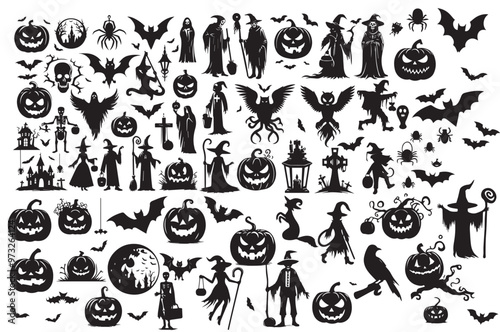 Collection of Halloween silhouettes. Haunted house, creepy tree