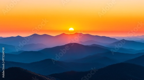 Wallpaper Mural Golden Hour Sunrise Over Majestic Mountains, a breathtaking panorama of a vibrant orange sunrise illuminating the rolling hills, symbolizing the beauty of nature, new beginnings, hope, and a sense of  Torontodigital.ca