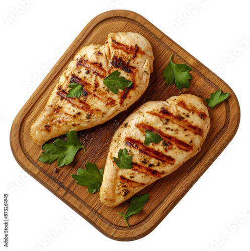 PNG Grilled chicken breast on a wooden cutting board photo