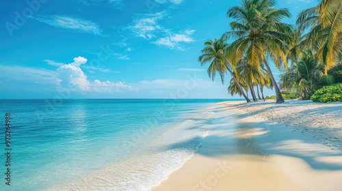 A tropical summer resort beach scene featuring clear blue seas