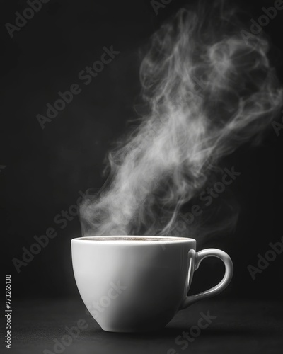 Steam rising from a hot cup of coffee on a black background at dawn