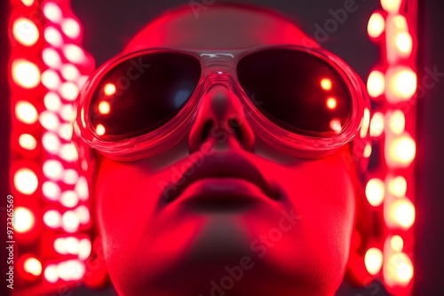 Red Light Therapy for Skin Rejuvenation and Relaxation - Woman wearing protective eyewear during a red light therapy session, promoting collagen production, reducing inflammation, and enhancing overal photo