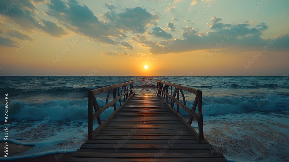 Small wooden bridge spanning over the beach sunset image Small wooden bridge spanning over the beach sunset image