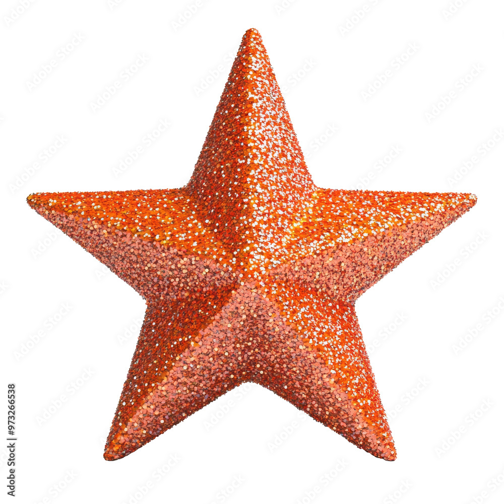Textured orange glitter star 3D object with festive sparkle, png Textured orange glitter star 3D object with festive sparkle, png