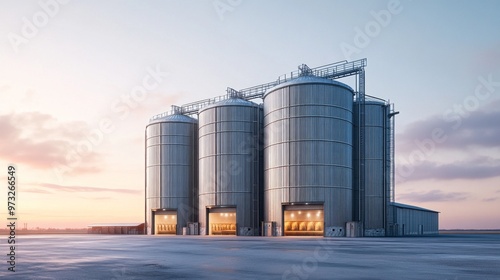 Three large silos are standing in a field. The sky is cloudy and the sun is setting