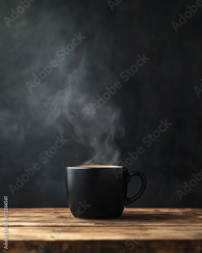 Steaming black coffee mug on a wooden table against a dark background with rising smoke