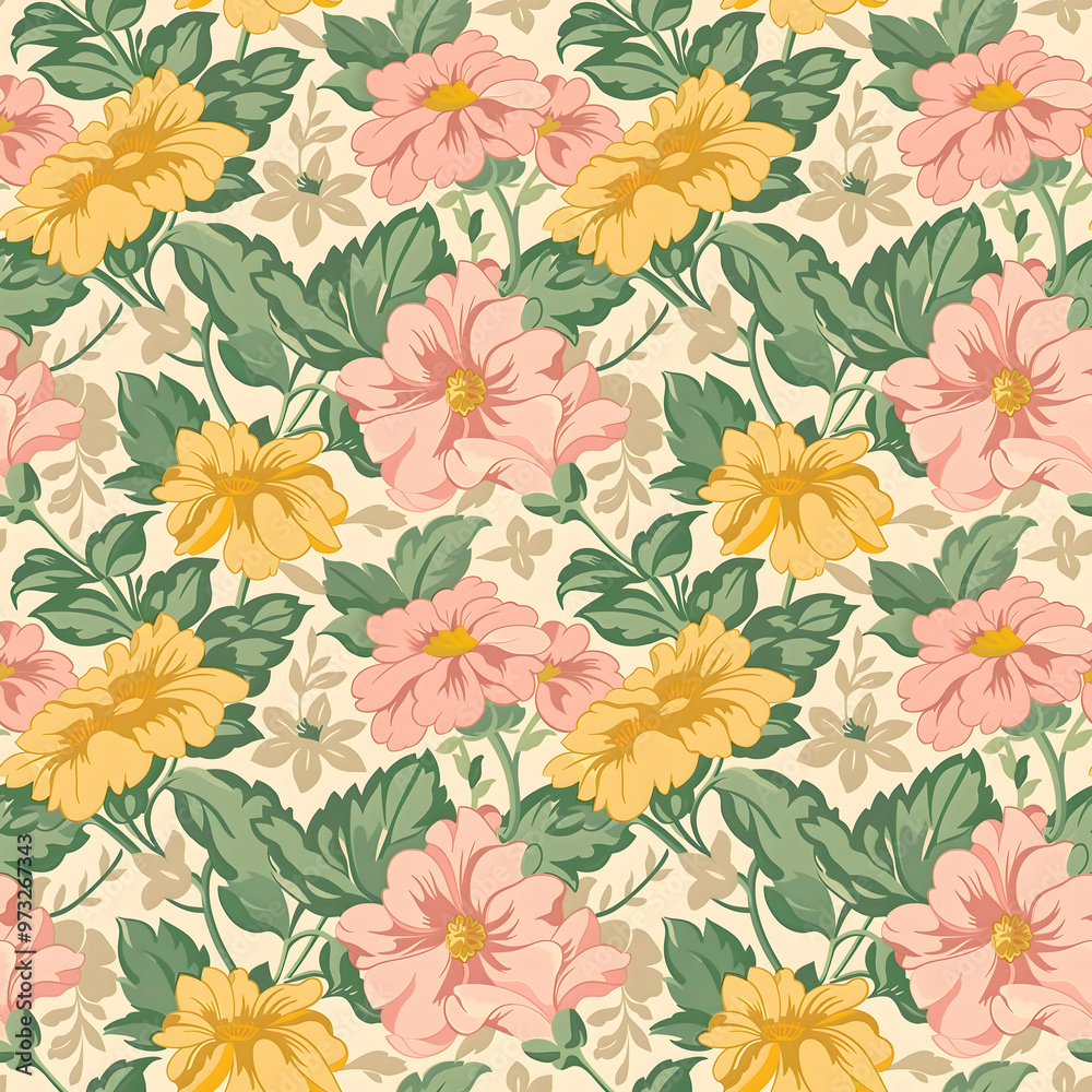 Floral seamless pattern: an intricate dance of flowers and foliage in pastel shades.