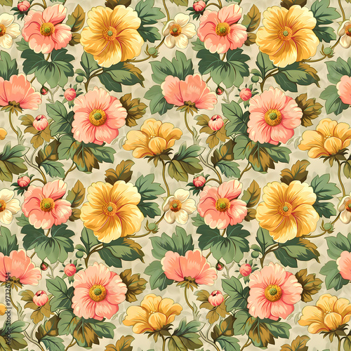 Floral seamless pattern: an intricate dance of flowers and foliage in pastel shades.