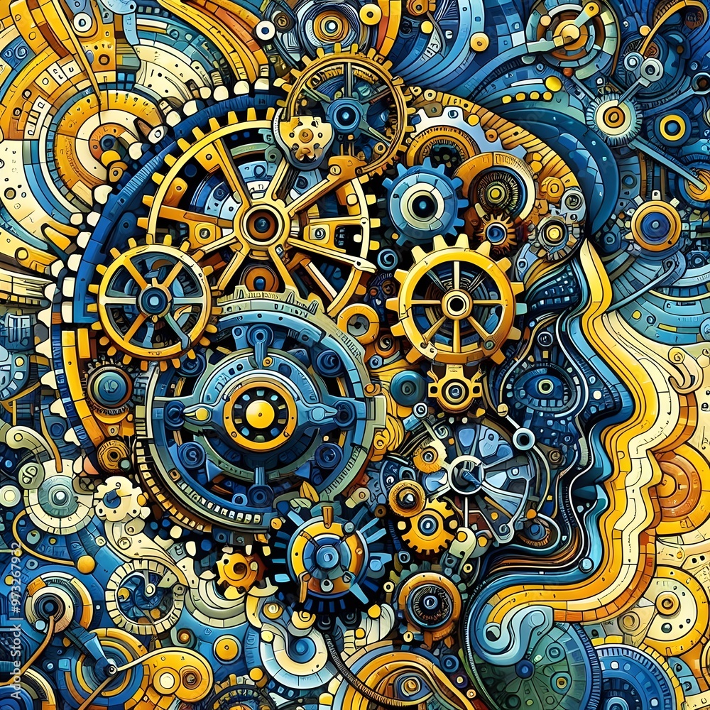Obraz premium Digital art piece depicting a stylized face with intricate patterns and mechanical elements resembling a futuristic circuit board