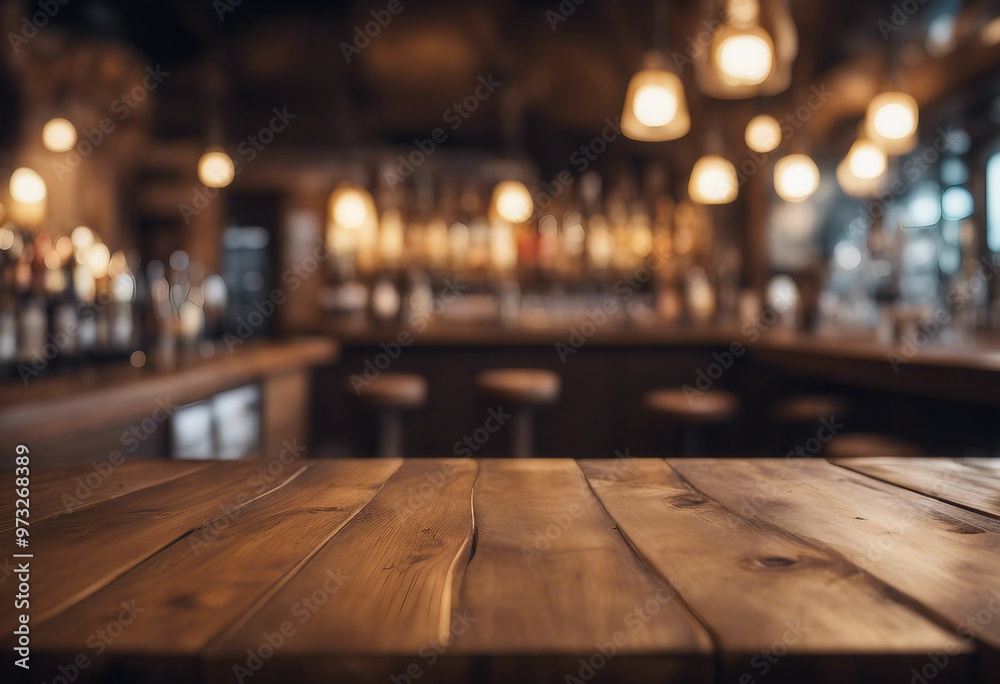 Empty wooden table rustic and blurred background of bar or pub For product display High quality phot Empty wooden table rustic and blurred background of bar or pub For product display High quality phot