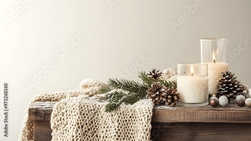 A cozy winter scene featuring a rustic wooden table adorned with seasonal decorations such as pinecones, candles, and a warm blanket, with a soft light solid color background