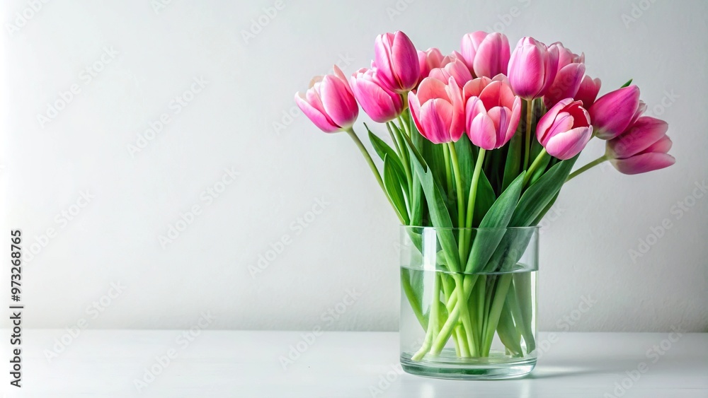 Close-Up image of pink tulip bouquet in glass vase with hydrogel on white background Close-Up image of pink tulip bouquet in glass vase with hydrogel on white background