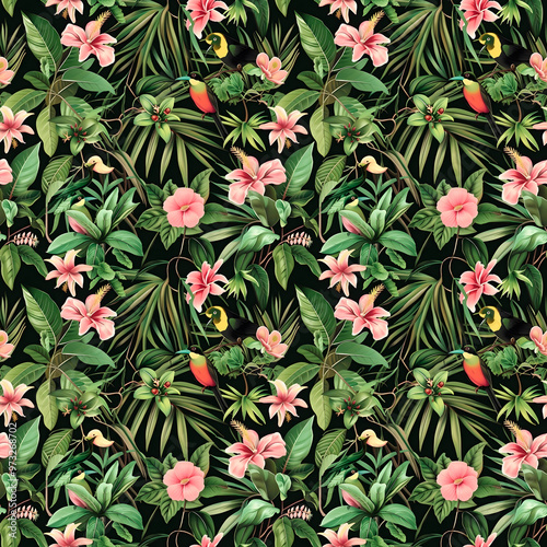 Tropical floral seamless pattern background with exotic flowers and palm leaves.