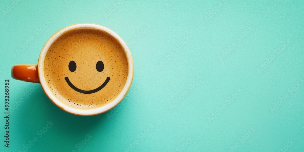 Cheerful coffee cup with a smiley face on a mint green background for a bright morning boost Cheerful coffee cup with a smiley face on a mint green background for a bright morning boost