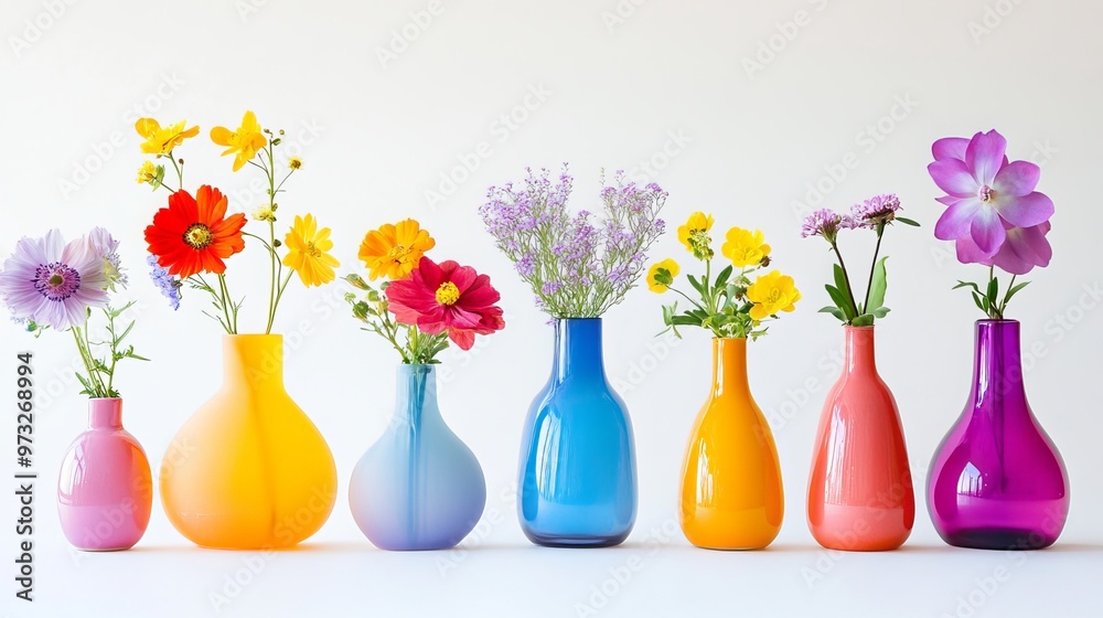 Blooming spring flowers in vibrant hues adorn brilliant vases, standing alone against a pure white backdrop. Blooming spring flowers in vibrant hues adorn brilliant vases, standing alone against a pure white backdrop.