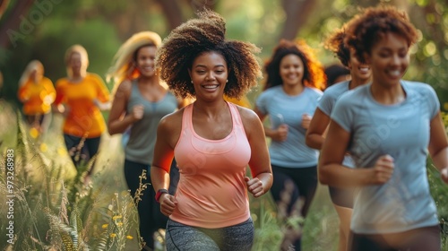 A group of women enthusiastically run together along a green and vibrant park path, radiating happiness and camaraderie as they engage in a healthy and active lifestyle. photo