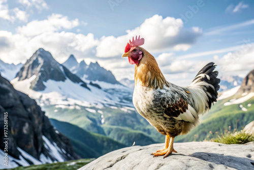 A Rooster Perched on a Rock with a Mountain View