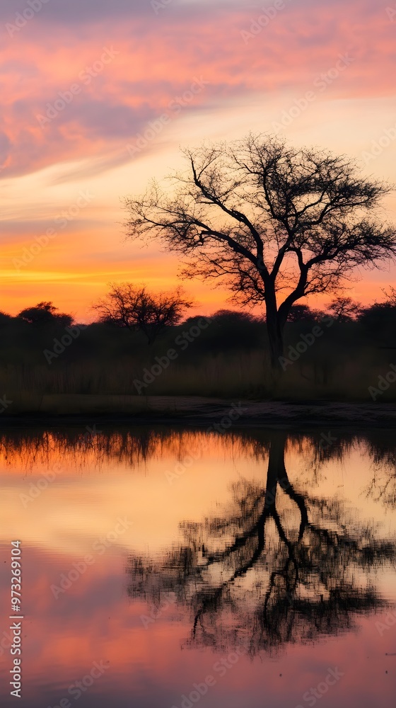 A serene sunset over a waterhole in Kruger National Park, reflecting hues of orange and pink on the surface A serene sunset over a waterhole in Kruger National Park, reflecting hues of orange and pink on the surface