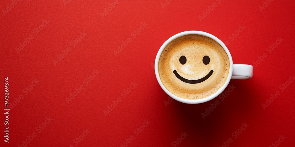 Enjoy a cheerful coffee cup with a smiley face on a vibrant red background for a happy morning Enjoy a cheerful coffee cup with a smiley face on a vibrant red background for a happy morning
