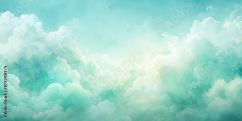 Fototapeta Naklejka Na Ścianę i Meble -  Close-up light sea green sky gradient watercolor background with clouds texture