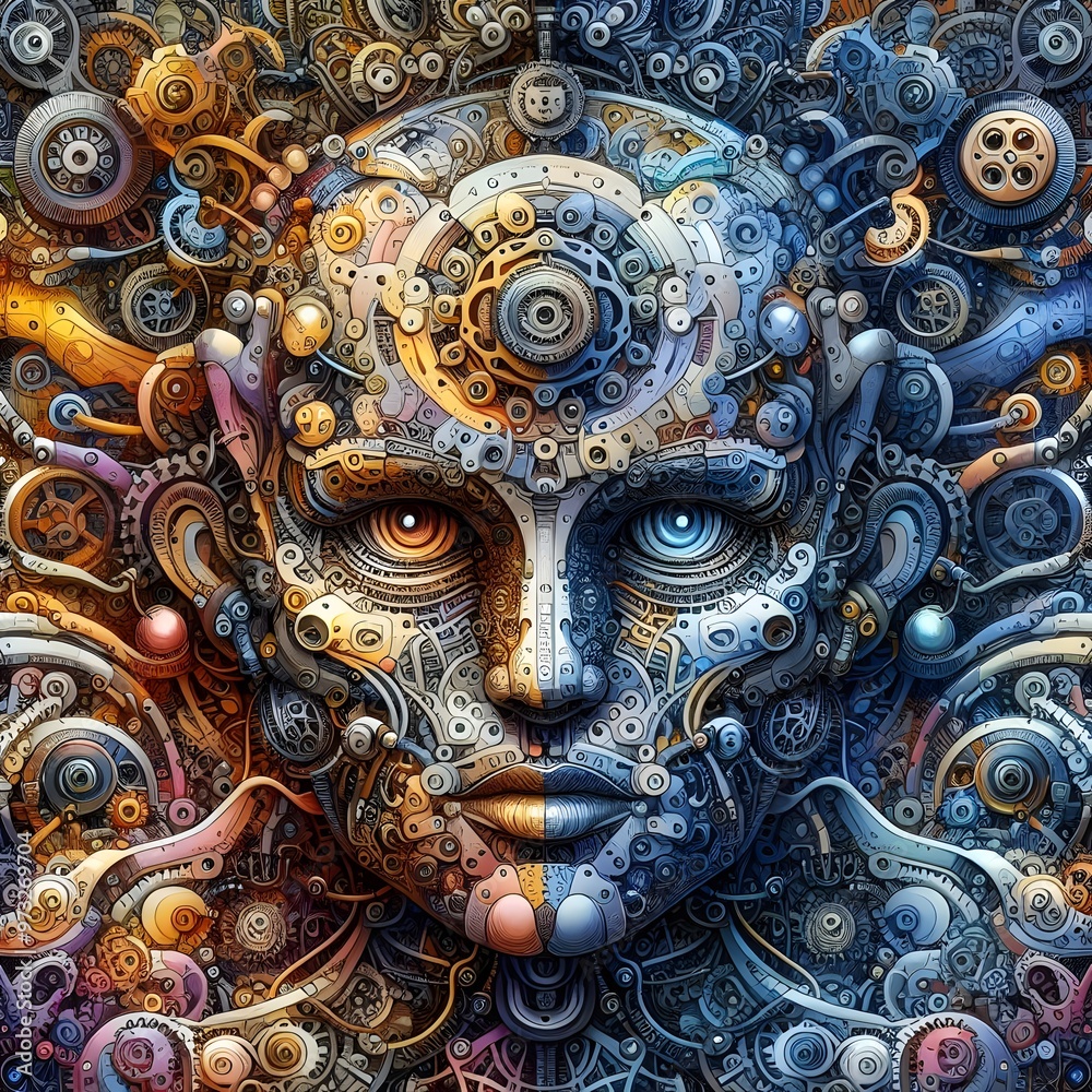 Fototapeta premium Digital art piece depicting a stylized face with intricate patterns and mechanical elements resembling a futuristic circuit board