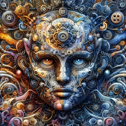 Digital art piece depicting a stylized face with intricate patterns and mechanical elements resembling a futuristic circuit board