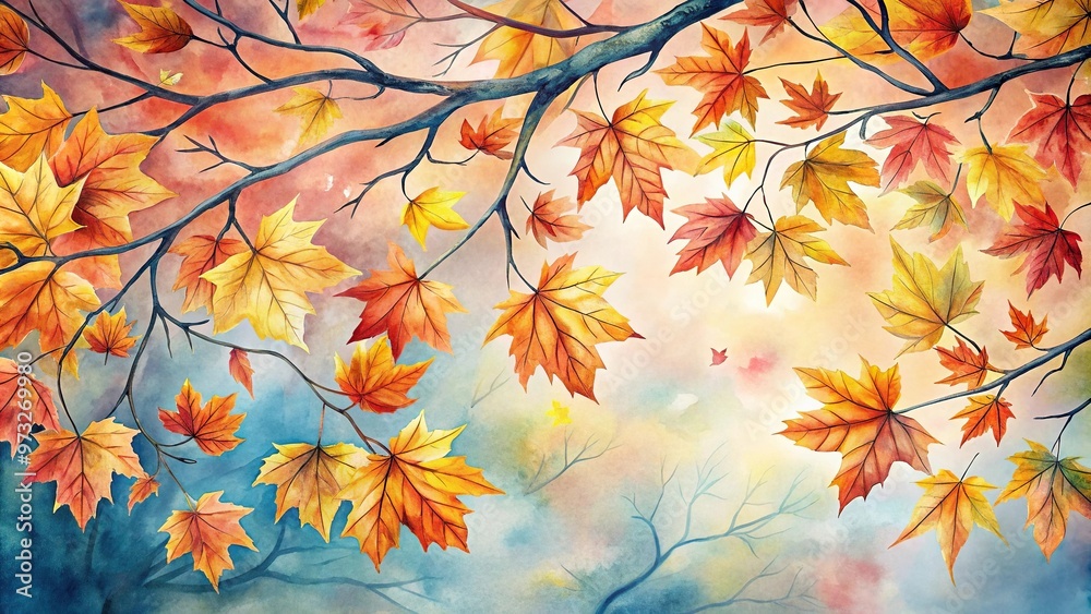 Close-up modern tree leaves branch watercolor art autumn color Close-up modern tree leaves branch watercolor art autumn color