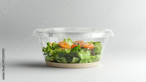 Disposable paper salad bowl with a clear plastic lid and blank label sticker for your design. Black, white, or color design. 3D mockup for easy editing