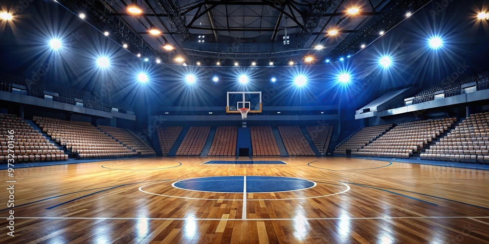 Close-up NBA arena shot from low angle showing empty seats and bright lights Close-up NBA arena shot from low angle showing empty seats and bright lights