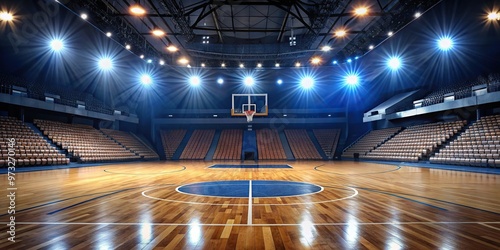 Close-up NBA arena shot from low angle showing empty seats and bright lights