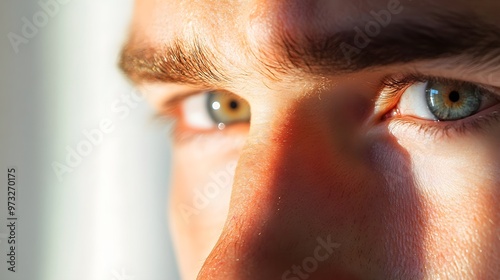 A close-up of a determined face reflecting focus and ambition, with a blurred light solid color background to emphasize the subject photo