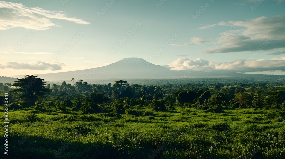 Fototapeta premium A serene landscape featuring Mount Kilimanjaro surrounded by lush greenery, with a clear sky and ample copy space for text